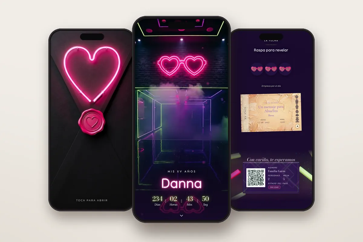 Invitación digital Glow party: el sobre, la portada y la raspadita con el pase QR