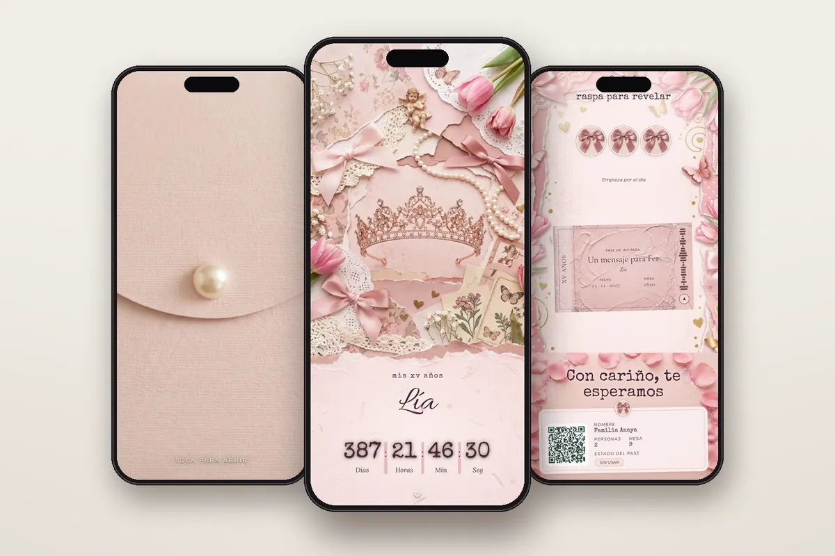 Invitación digital Moños y perlas: el sobre, la portada y la raspadita con el pase QR