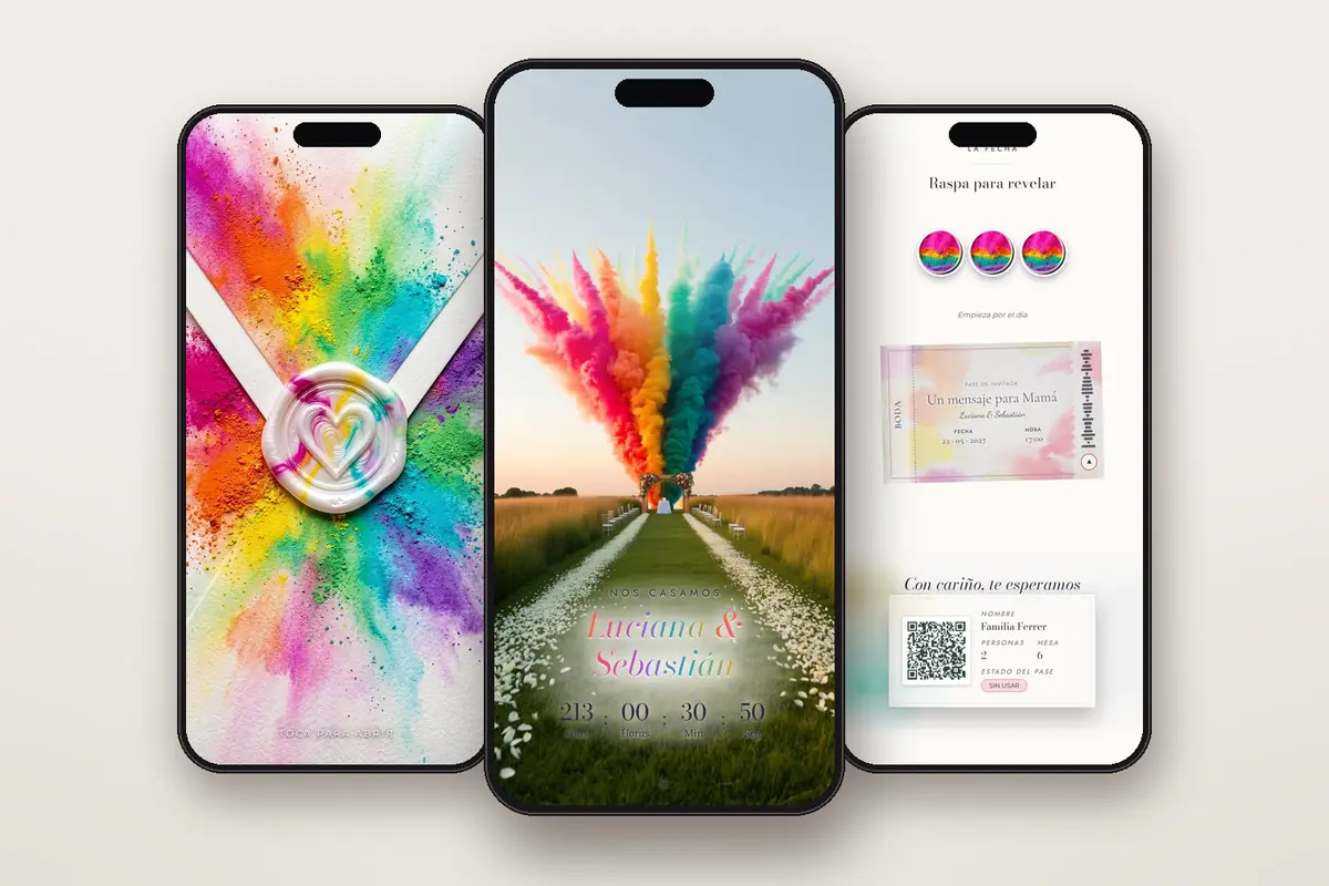 Invitación digital Colorama: el sobre, la portada y la raspadita con el pase QR