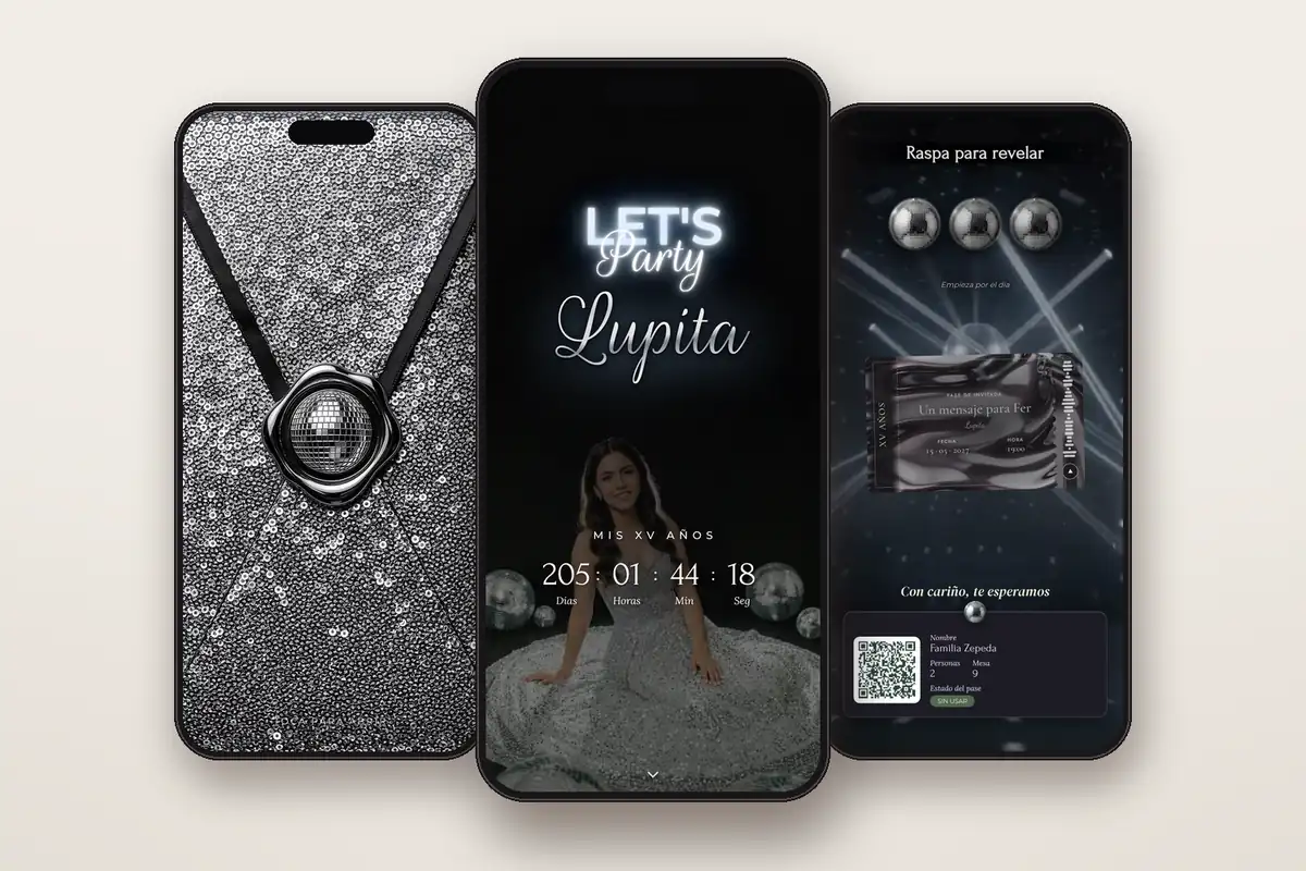 Invitación digital Disco Neón: el sobre, la portada y la raspadita con el pase QR