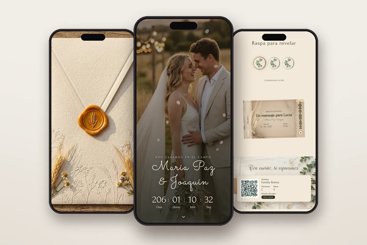 Invitación digital Campestre: el sobre, la portada y la raspadita con el pase QR