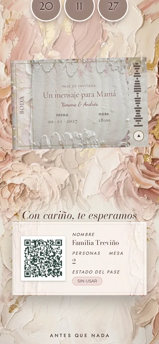 El pase con voz «Un mensaje para Mamá» en una invitación real, antes de abrirlo